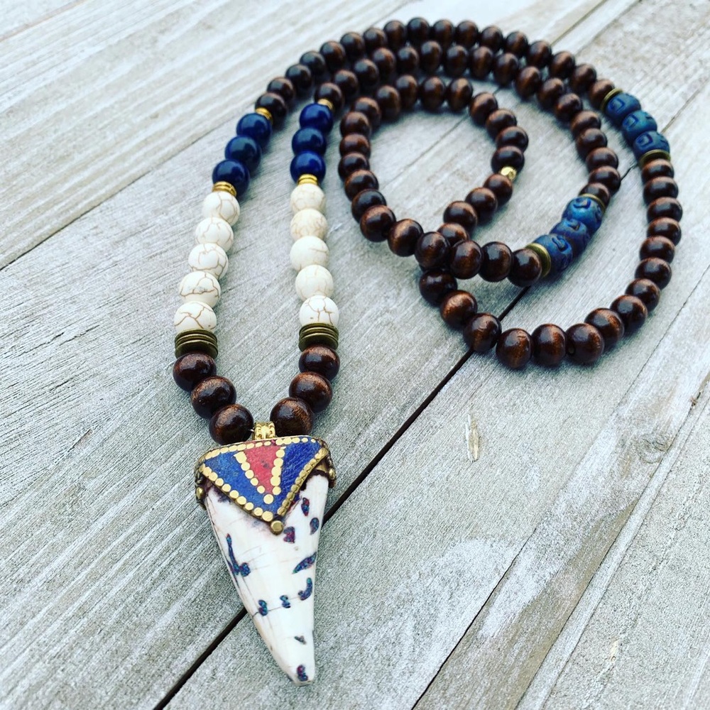 Boho Horn Beaded Necklace Healing Stone Jewelry